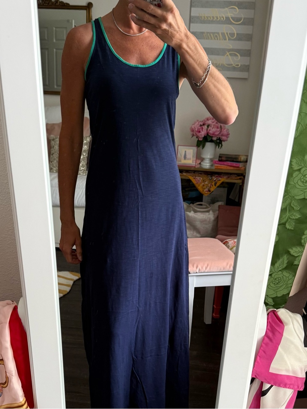 Lilly Pulitzer Treena Pima Cotton Racerback Maxi Dress Navy Green Trim XS Resort